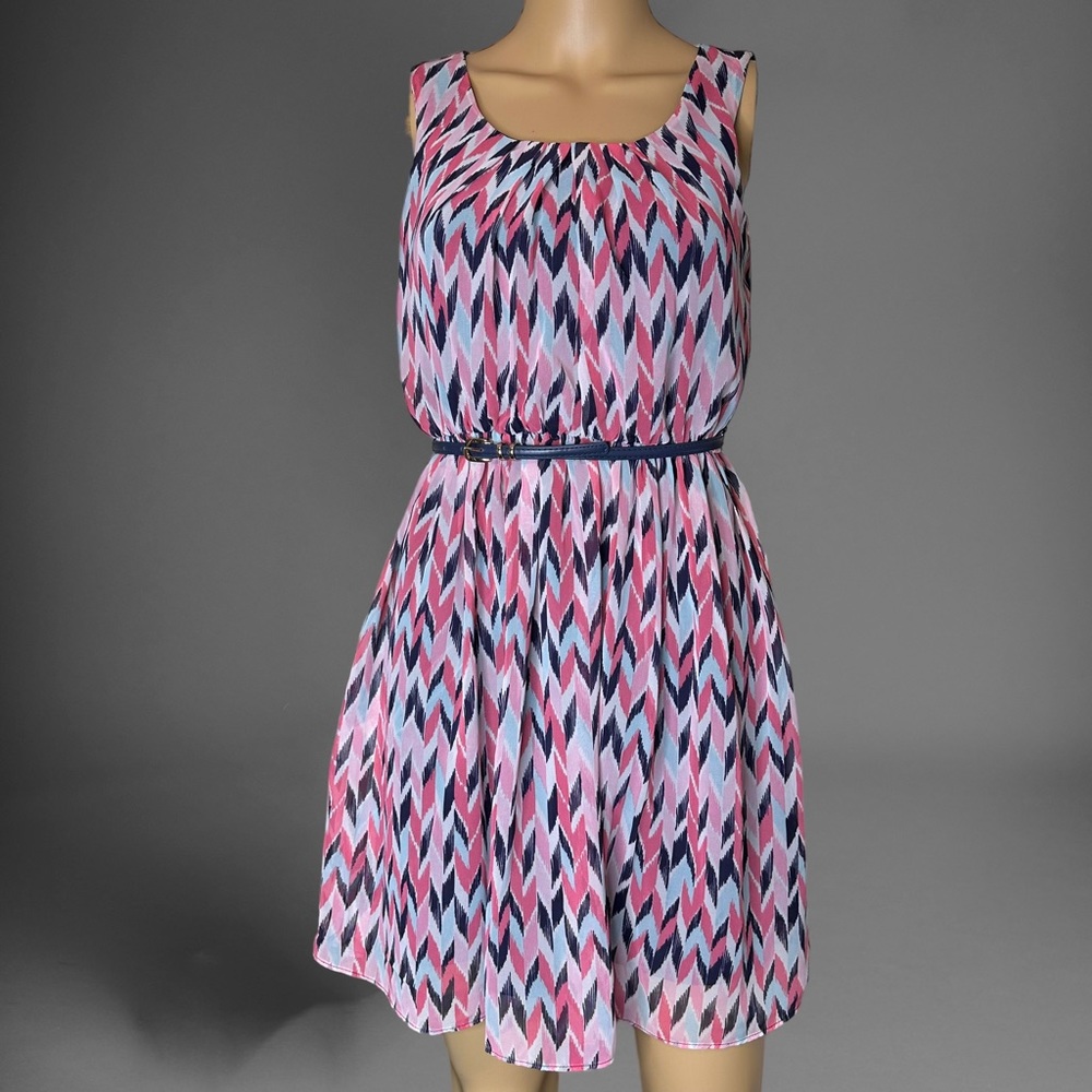 BCX A-Line Blouson Dress Size XS 2 Pink Light Blue Sleeveless Lined Belt
